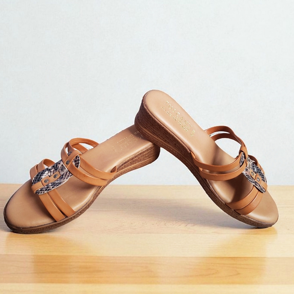 Tuscany Easy Street Wedge Tan Vegan Leather 8.5W  Sandals Made In Italy Slip-On